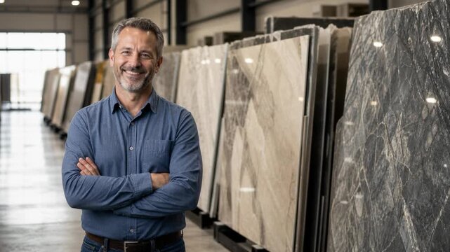 global economy  supply. Confident man standing in modern marble and granite stone warehouse smiling with arms crossed