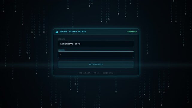Futuristic cyber security login interface displaying secure system access, admin authentication, and a loading bar against a dark digital binary code matrix background