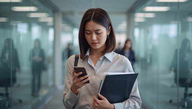 職場のチャットを見て対応を考える日本人女性社員