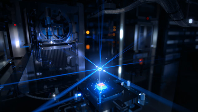 量子光学チップを青いレーザーで測定する研究設備