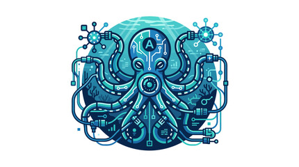 Cybernetic octopus with integrated circuit boards and glowing blue lights. © Oktavia