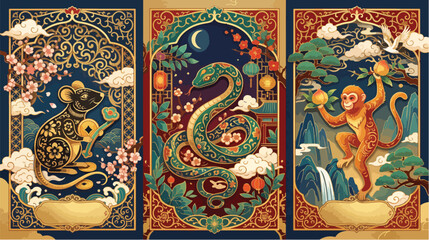 Obraz premium Intricate artistic panels displaying a stylized mouse a coiled snake and a playful monkey celebrating traditional chinese lunar new year