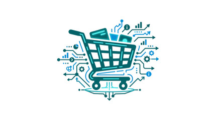Digital e-commerce shopping cart icon with integrated data circuits. © Oktavia