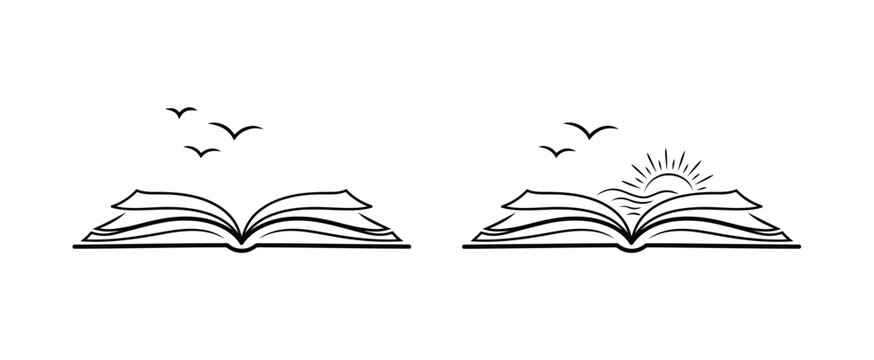 Open Book Logo Vector Illustration Featuring Flying Birds, Flowing Pages, Sunlight, Water Elements, and Learning Theme