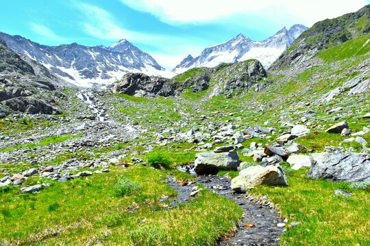 Creek flowing in alpine landscape with rocks and green meadows and snow covered peaks above in Mauertal, High Tauern, East Tyrol, Austria