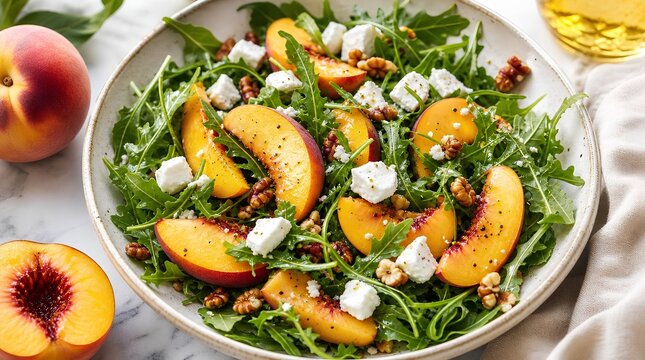 A fresh summer salad plate with juicy peach slices, wild arugula, crumbled goat cheese and candied walnuts drizzled with dressing on a marble surface, perfect for food and healthy eating content