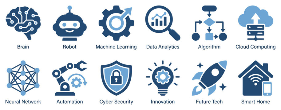 Technology and AI icons set. Modern digital concepts and innovation. Includes brain, robot, gear, magnifying glass, flowchart, cloud server, neural network, robotic arm, shield, lightbulb,