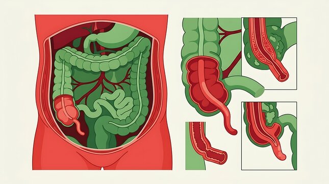 Human digestive system anatomy with appendix inflammation diagram