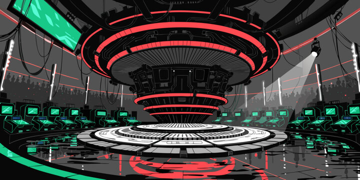 Futuristic concert hall with holographic stage and audience stage design audience seating concert venue music event holographic performance futuristic technology digital art illustrated concer