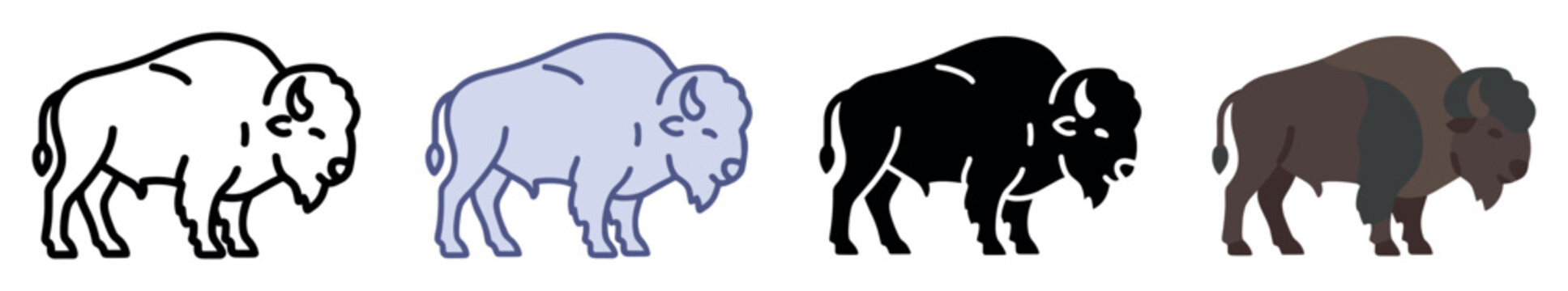 Bison icons set. American wildlife and animal concept. Includes bison outline, bison with color, bison silhouette, bison with details. Flat and line style