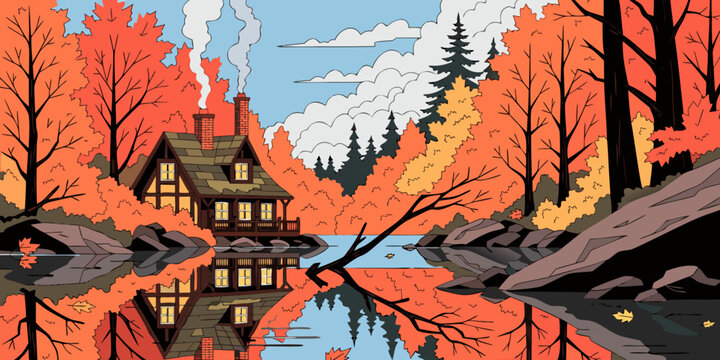 Charming wooden house with a chimney surrounded by colorful autumn trees and a serene lake colorful peaceful landscape residence dwelling building structure architecture aesthetic charming