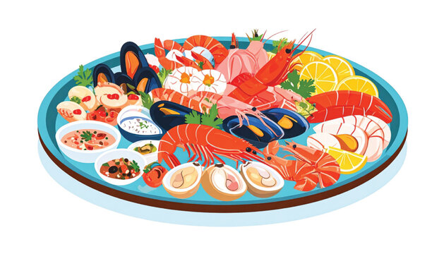 Sushi plate with various seafood.