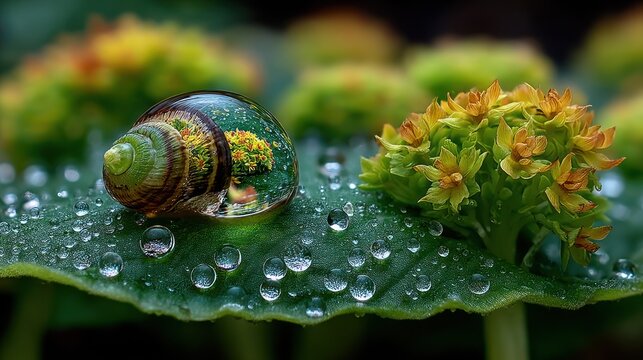 Macro shot of a snail shell with a floral reflection on a dew-covered leaf