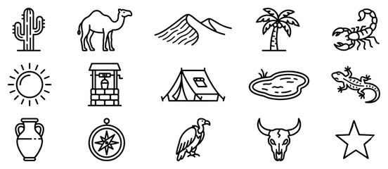 Obraz premium Desert icons set. Arid landscape and wildlife concept. Includes cactus, camel, sand dunes, palm tree, scorpion, sun, well, tent, oasis, lizard, amphora, compass, vulture, bull skull, star