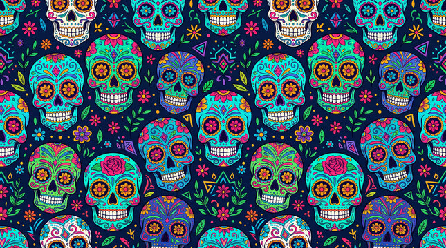 Colorful Mexican sugar skull pattern with decorative floral elements and vibrant calavera motifs for Dia de los Muertos celebrations on a dark blue background