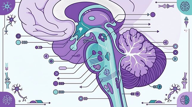 Stylized human brain anatomy cross section with neural infographic