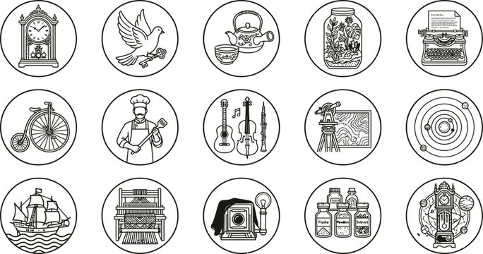 Collection Of Line Art Icons Featuring Various Objects And Scenes