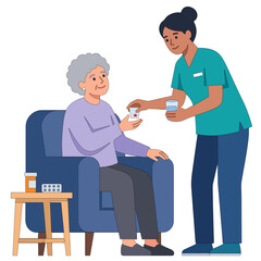 Fototapeta premium Caring Hands: A compassionate nurse assists an elderly woman with her medication, offering a glass of water and pills in a comforting bedside manner, symbolizing care and support.