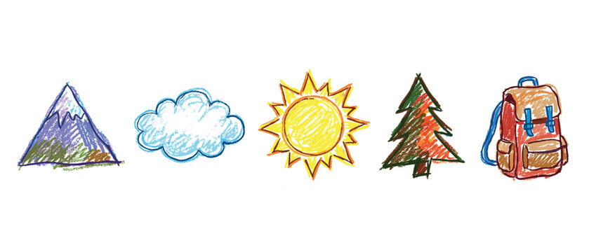 Nature and adventure icons set. Outdoor exploration and travel concept. Includes mountain, cloud, sun, pine tree, backpack. Hand-drawn doodle style