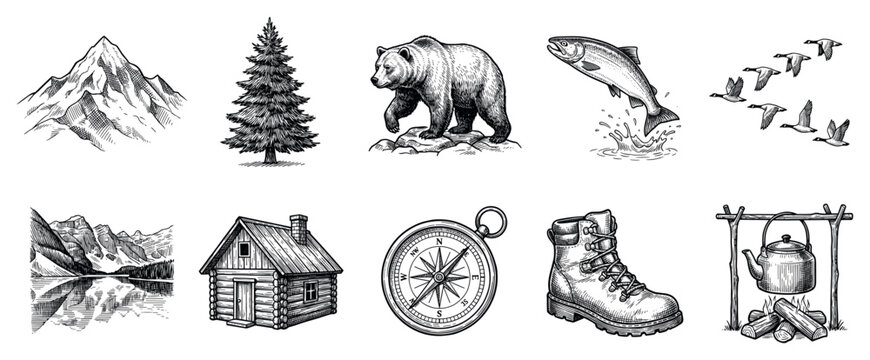 Nature and adventure icons set. Outdoor exploration and wilderness concept. Includes mountain, pine tree, bear, jumping fish, flying geese, lake, cabin, compass, boot, campfire. Hand-drawn