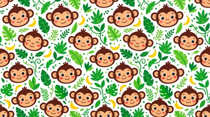 Fototapeta premium Playful repeat pattern featuring smiling brown monkey heads, yellow bananas, and vibrant green palm and monstera leaves on a white backdrop. Ideal for nursery decor or children's textile design.