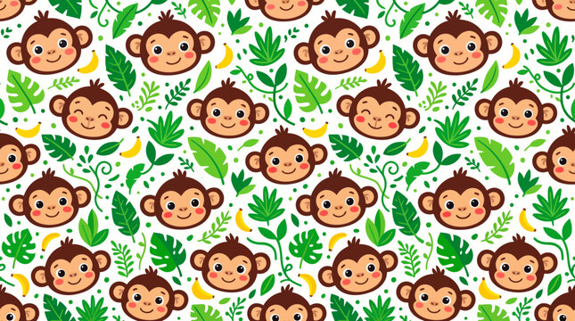 Playful repeat pattern featuring smiling brown monkey heads, yellow bananas, and vibrant green palm and monstera leaves on a white backdrop. Ideal for nursery decor or children's textile design.
