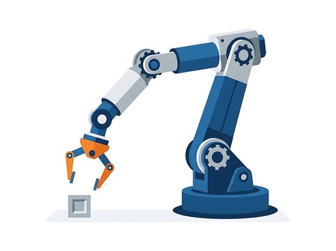 Industrial robotic arm with a gripper picking up a cube