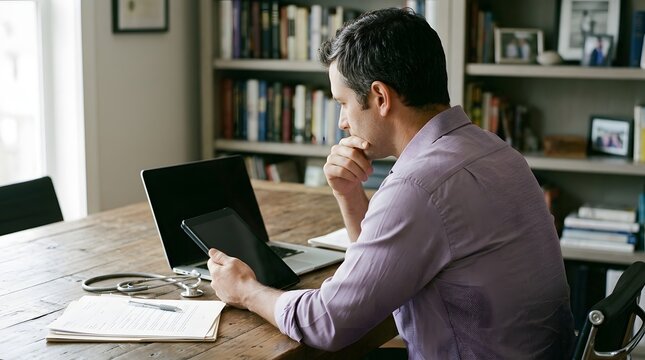 Doctor or healthcare professional working on laptop and tablet at wooden desk