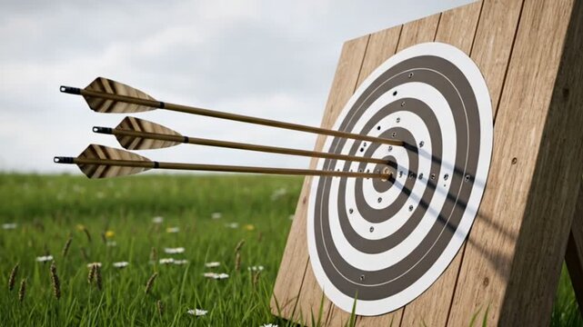 Three wooden arrows hitting the center bullseye of an outdoor archery target
