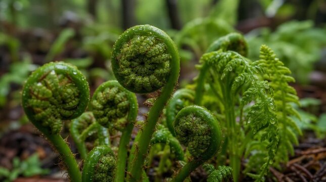 Tightly coiled fern fiddleheads unfurl above the damp forest floor with water droplets clinging to their vivid green spirals, symbolizing new beginnings and natural growth cycles.