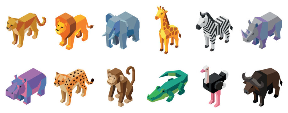African animals icons set. Wildlife and safari concept. Includes lioness, lion, elephant, giraffe, zebra, rhinoceros, hippopotamus, cheetah, monkey, crocodile, ostrich, buffalo. Isometric