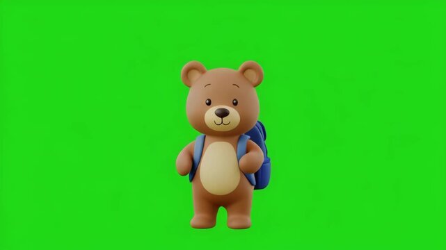 Cute teddy bear with backpack walking in a repeating pattern during a bright studio lighting