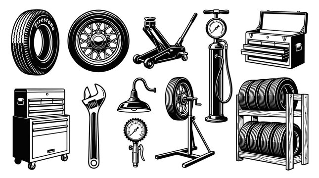 Retro Car Tire Maintenance and Automotive Workshop Gear Pack