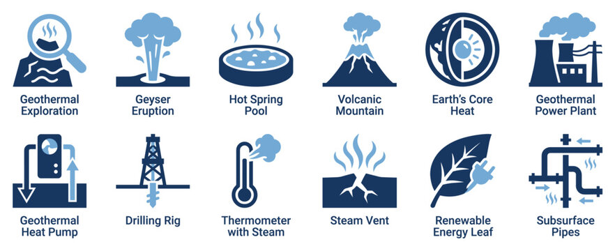 Geothermal energy icons set. Renewable energy and earth heat concept. Includes exploration, geyser, hot spring, volcano, core, power plant, heat pump, drilling rig, thermometer, steam vent,
