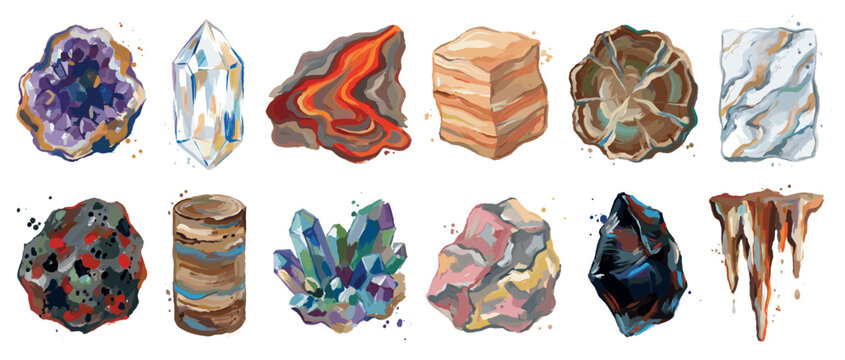 Gemstone and rock icons set. Natural minerals and geological formations concept. Includes amethyst geode, quartz crystal, lava rock, layered stone, agate, marble, obsidian, stalactite