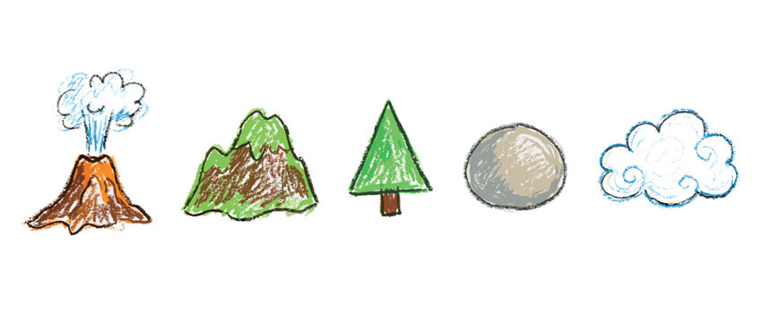 Nature element icons set. Outdoor landscape and environment concept. Includes volcano, mountain, pine tree, rock, cloud. Hand-drawn crayon style