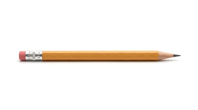 Yellow wooden pencil with pink eraser.