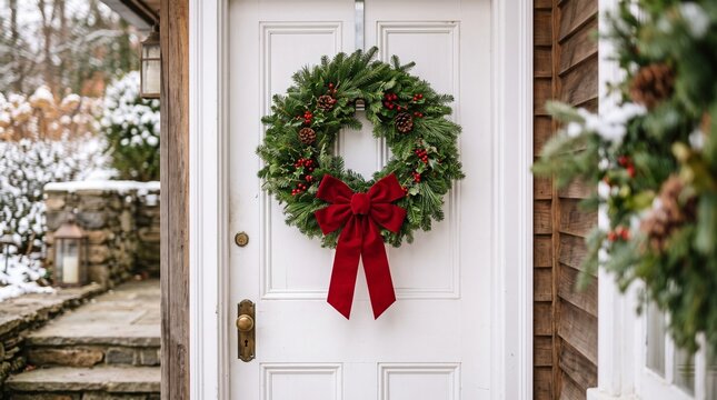 Traditional Christmas wreath with a red bow on a white front door. Perfect for holiday home decor concepts.