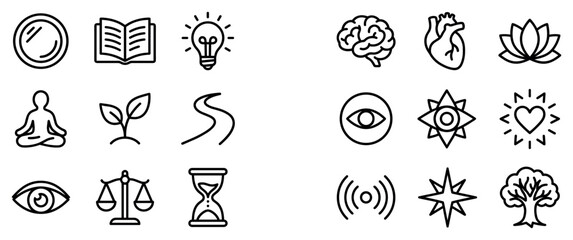Fototapeta premium Spirituality and wellness icons set. Mindfulness and self-care concept. Includes mirror, open book, light bulb, meditating person, plant sprout, winding road. Flat and line style