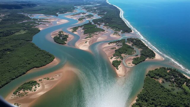 Aerial view of turquoise river estuary meeting ocean near sandy coastline and forested islands