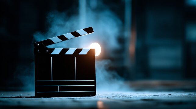 Film clapperboard sits in a dimly lit space with smoke in the background and a light source shining softly