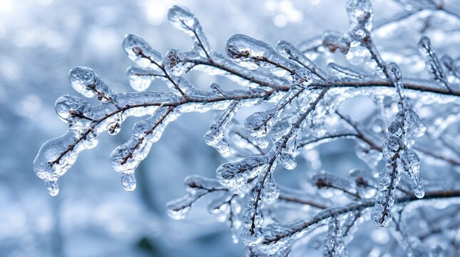 Delicate tree branches completely encased in transparent ice after a freezing rain storm, with glistening crystalline droplets hanging from every twig in cold blue-white light.