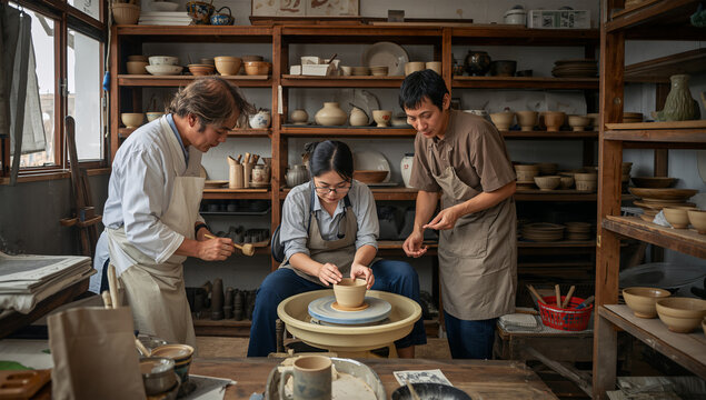 陶芸工房で土をこねながら器作りを学ぶ男女
