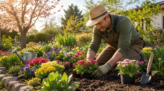 A middle-aged man wearing a straw hat and gloves kneels in a garden bed carefully planting vibrant colorful flowers in dark rich soil on a sunny spring morning, with a watering can nearby.