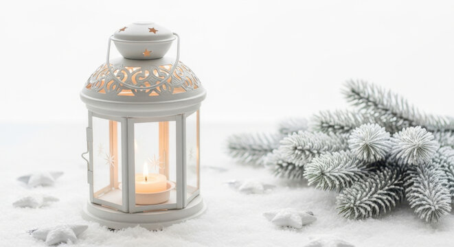 White winter lantern with burning candle and frosted spruce branches on snowy background providing cozy holiday atmosphere and festive decor.