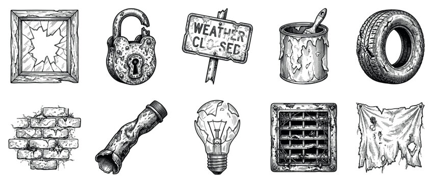 Broken and damaged objects icons set. Concept of decay and destruction. Includes broken window, rusty padlock, weather closed sign, paint can, old tire, brick wall, bent pipe, broken