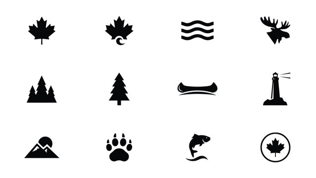 Canadian nature and landmarks icons in minimalistic style