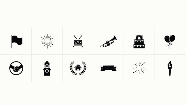 Minimalist black icons celebrating unity community and patriotic events with symbols like flags handshakes