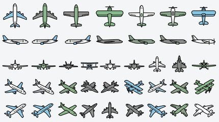 Flat Vector Icon Set of Various Airplanes, Including Passenger Jets, Biplanes, and Fighter Jets, Arranged in a Grid on a Light Gray Background, Graphic Resource Collection © Waskito