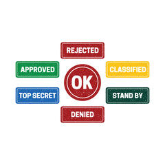 Fototapeta premium Set of rectangular status stamp featuring text like approved, rejected, classified, secret, stand by, and denied on white background